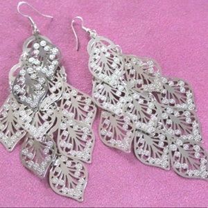 Silver tone leaves with rhinestones earring